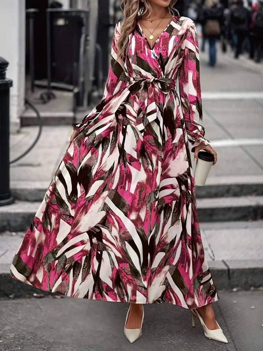 Women's Long Dress Maxi Dress A Line Dress Floral Dress Elegant Fashion Modern Daily Outdoor Vacation Regular Fit Floral Long Sleeve V Neck Red Brown Spring Fall 2026 - $25.99 –P1