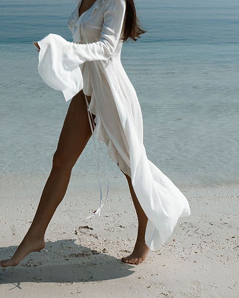 Dámské Plavky Přehozy Plavky Volány prázdniny Oblečení na pláž Bez vzoru Do V Dlouhý rukáv Plavky 2026 - $36.99 –P6