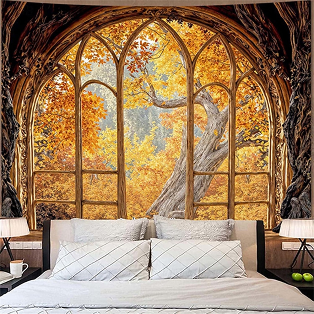 3D-bibliotekteppe veggteppe vintage bokhyllemønster stor stoffveggkunst buet vindu skogutsikt romdekor til stue/studie 2026 - $19.99 –P11