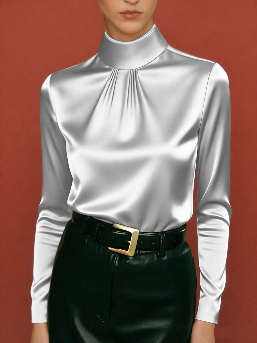 Mulheres Camisa Social Blusa de cetim Blusa Blusas de manga comprida Franzido Côr Sólida à moda Básico Clássico Manga Longa Gola Alta Tops regulares Diário Feriado Para Noite Preto Branco Roxo Cáqui de 2026 por $25.99 –P2