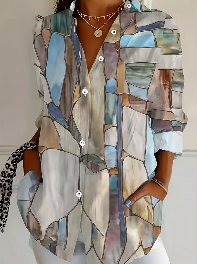 Per donna Camicia Blusa Patchwork Bottoni Stampato Grafico Astratto Vintage Elegante Casual Manica Lunga Scollo a V Colletto a Camicia Top lunghi Quotidiano Blu Giallo Arancione Estate Primavera del 2026 a $32.99 –P1
