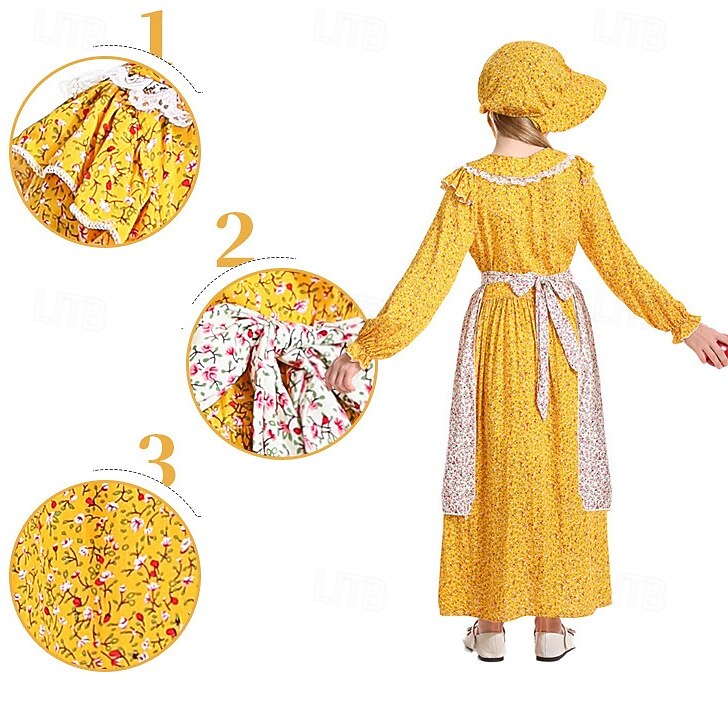 250e jubileum VS 19e eeuw jaren 1800 Prairiejurk Bonnet en schortset Lange Mouwen Pionier Meisje Koloniaal Pionier Onafhankelijkheidsoorlog Bloemig Kostuum Voor meisjes Halloween Carnaval 4 juli 2026 - $38.99 –P7