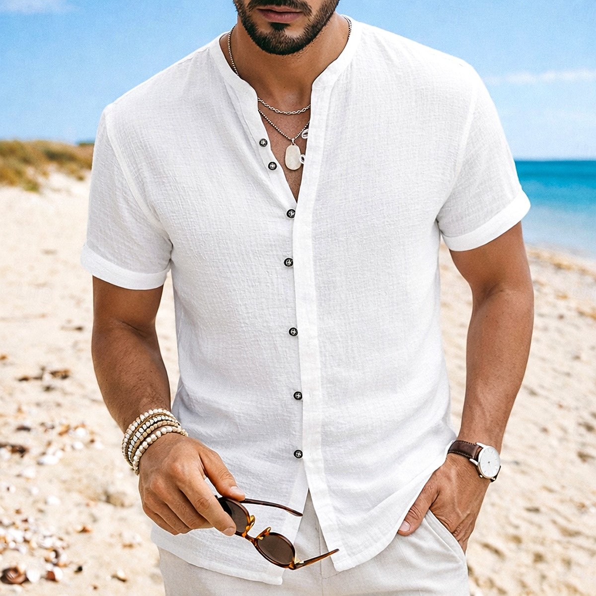 Homme Chemise Chemise en lin Chemise d'été Tenue de plage Chemise à col officier Chemise Boutonnée Uni Occasionnel Quotidien Noir Blanche Kaki Gris Manche Courte Col mandarin Été Vêtement Tenue de 2026 ? $24.99 –P5