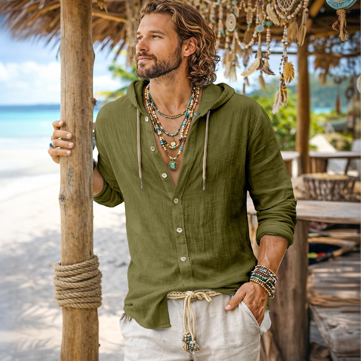 Pánské Košile Lněná košile Oblečení na pláž Košile na knoflíky Košile s kapucí Bez vzoru Ležérní Denní Černá Bílá Khaki Armádní zelená Dlouhý rukáv Kapuce Léto Jaro léto Oblečení Knoflíky 2026 - $29.99 –P9