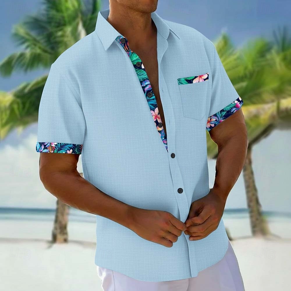 Men's Tropical Plants Flowers Shirt Hawaiian Shirt Aloha Shirt Short Sleeve Hawaiian Vacation Holiday Summer Turndown 3D Print Front One Pocket Linen Like Shirt Blue White Pink Khaki 2026 - $25.99 –P2