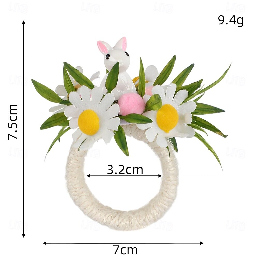 6 st servettringar med påskhare, servetthållare med vårblommor och kanin, spräckliga ägg och prästkragar, bordsdekorationer i lantlig stil för påskmiddag, gröna servettringar 2026 - $19.99 –P13