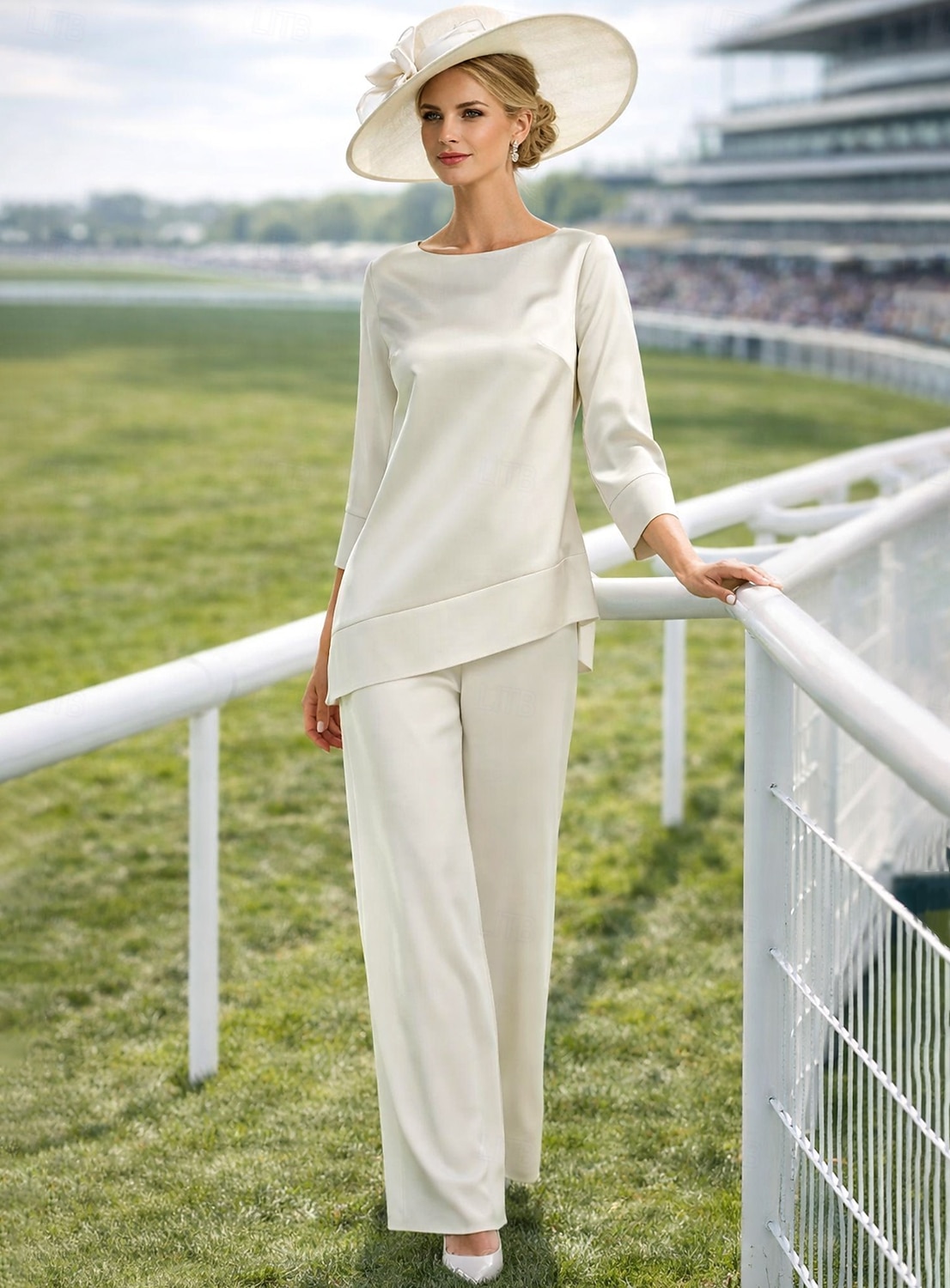 Traje de pantalón Hasta el Suelo Vestido de Madrina Manga 3/4 Joya Elegante Sencillo Minimalista Formal Invitado a la boda Satén Bolero incluido con Un Color 2026 - $160.99 –P1