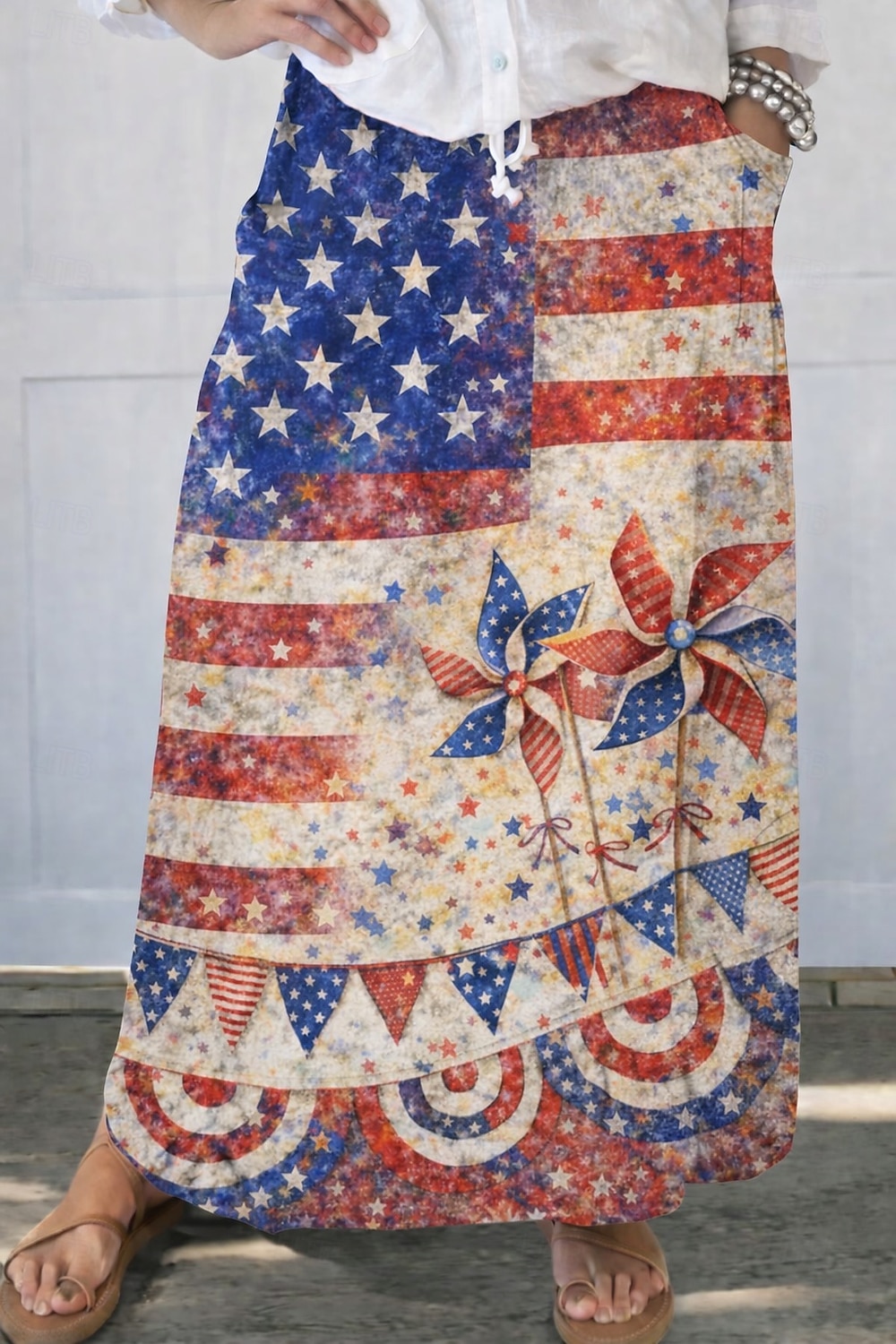 2026年 独立記念日レディースヴィンテージファッションカジュアルマキシハイウエストスカートグラフィックプリントマイクロエラスティックデイリーストリートブルーレッドサマーポリエステル  コレクション – $38.99 –P3