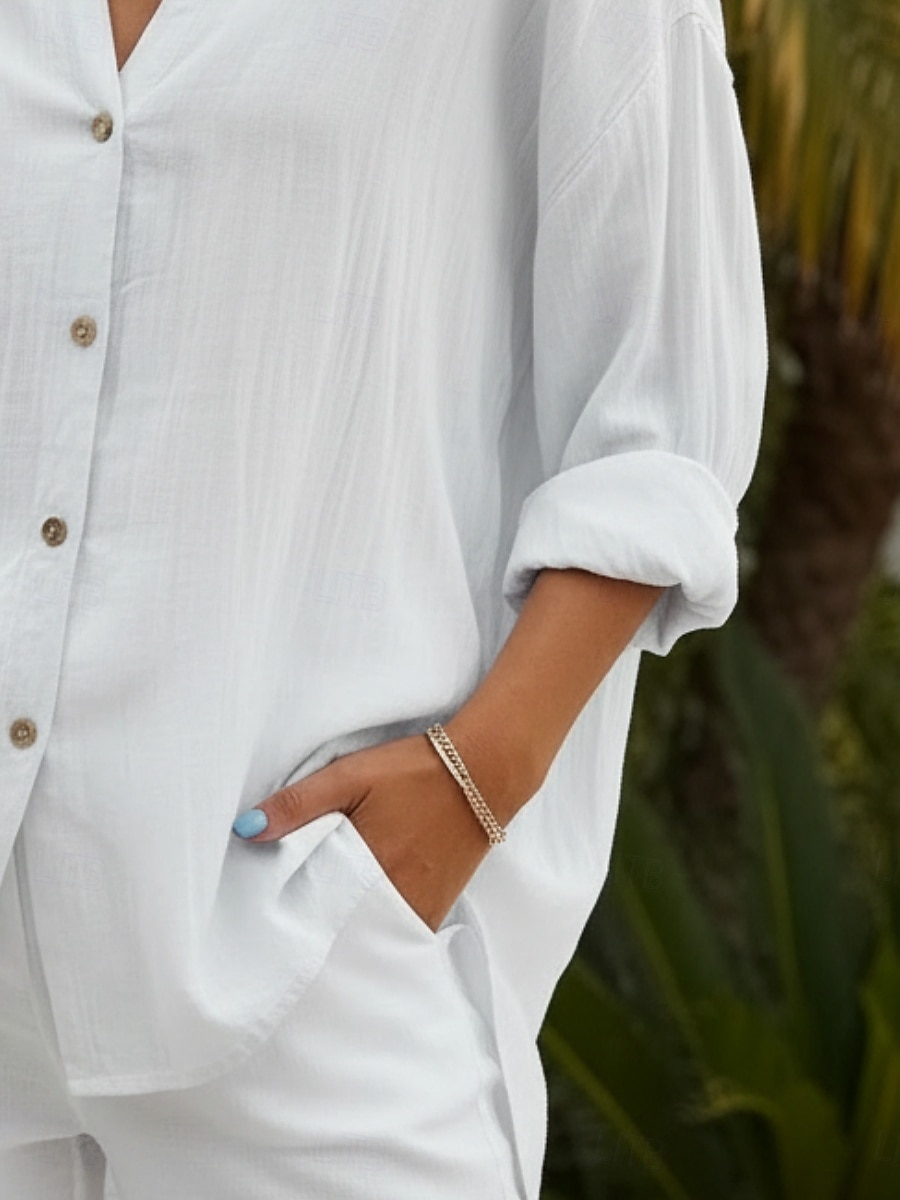 Dam Skjorta Button Down skjorta Casual skjorta Knappar Slät Stylish Klassisk Modern Långärmad Tröjkrage Vanliga toppar Dagligen Helgdag Utekväll Blå Vit Rodnande Rosa Sommar Vår 2026 - $21.99 –P3