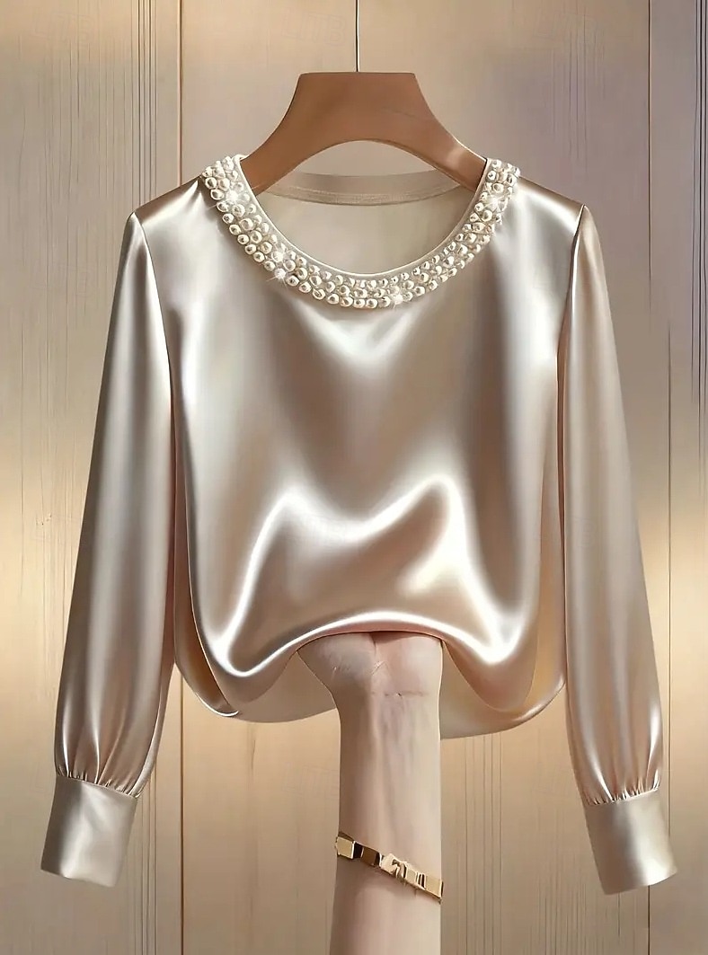 Mulheres Blusa Com Miçangas Côr Sólida Elegante à moda Manga Longa Gola Redonda Tops regulares Diário Trabalho Preto Branco Verde Damasco Primavera Outono de 2026 por $27.99 –P7