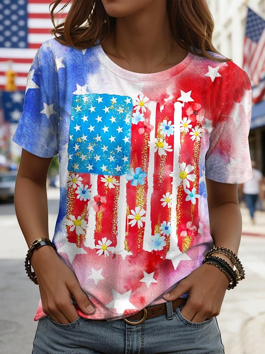 Självständighetsdagen Amerikansk Jubileum Patriotisk Kvinnors T-shirt Grafisk Bokstav Flagga Vintage Stilfull Casual Kortärmad Crew Neck Dags- och Weekendtryck Blå Rosa Röd Sommar Vår 2026 - $22.99 –P2