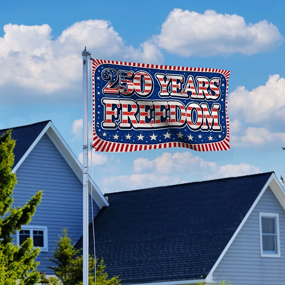US 250th Anniversary Flag "250 Years of Freedom" Banner with Stars and Stripes Design Patriotic Commemorative Decor for Semiquincentennial Celebrations 4th of July Independence Day 2026 - $9.99 –P6