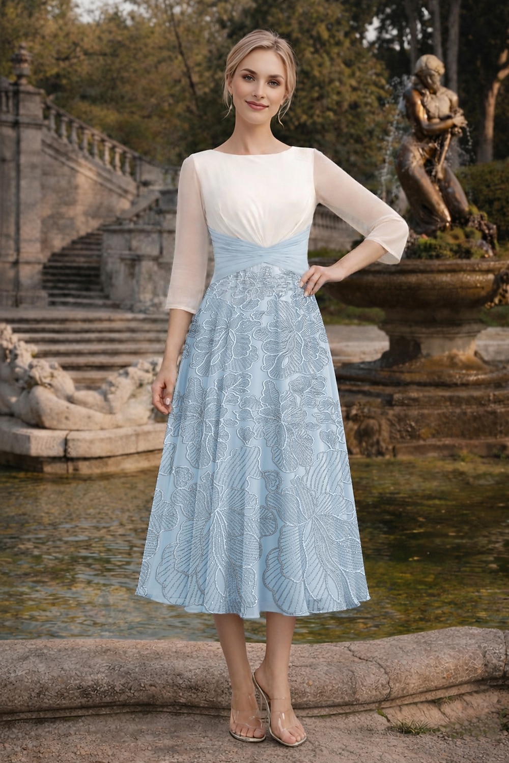 A-Line Dress Tea Length Wedding Guest Dress Mother of the Bride Dress 3/4 Length Sleeve Boat Neck Elegant Vintage Formal Wedding Guest Kentucky Derby Chiffon with Ruched Sequin Appliques 2026 - $171.99 –P5