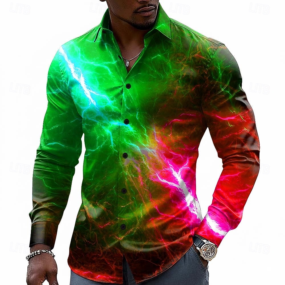 optical illusion dress shirt Men's Optical Illusion Lightning Shirt Button Up Shirt Casual Dress Shirt  Long Sleeve Fashion Casual Streetwear