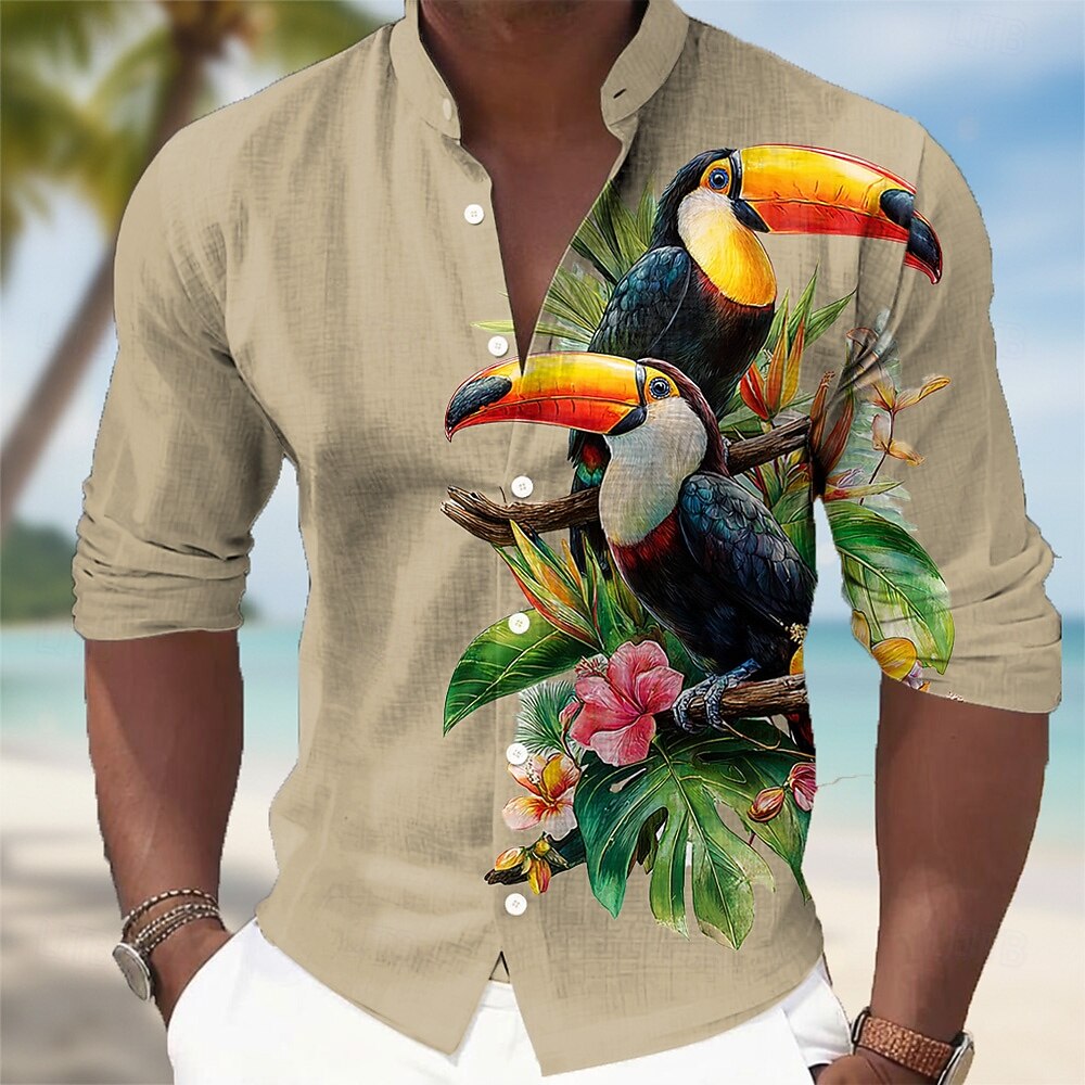Herren Tropische Blumen Palmblatt Tukane Hemd Hawaiihemden Stehkragenhemd Langarm Hawaiianisch Lässig Urlaub Frühling Herbst Mandarinkragen Stehkragen 3D-Druck Hemden mit Knopfleiste Blau Weiß Khaki 2026 - $27.99 –P3