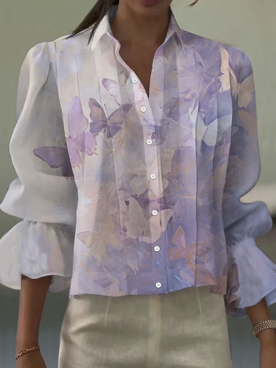Camicia da Donna in Lino Leggero Traspirante Manica Lunga Grafica Marmo Elegante Boho Vintage Collo Normale Top Quotidiani Lavoro Festa Ruffle Blu Giallo Rosa Viola Estate Primavera del 2026 a $34.99 –P3