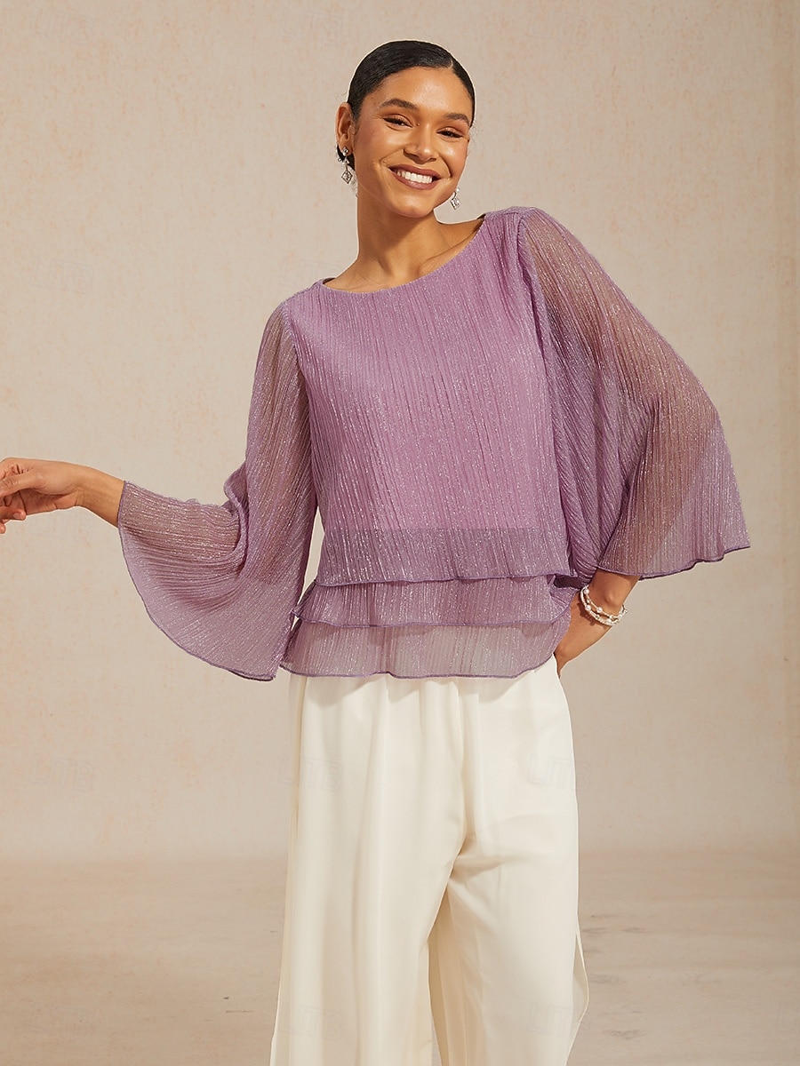 Women's Blouse Chiffon Tops Pleated Layered Metallic Elegant 3/4 Length Sleeve Bell Sleeve Crew Neck Daily Wedding Guest Light Purple Summer Spring Fall 2026 - $59.99 –P5