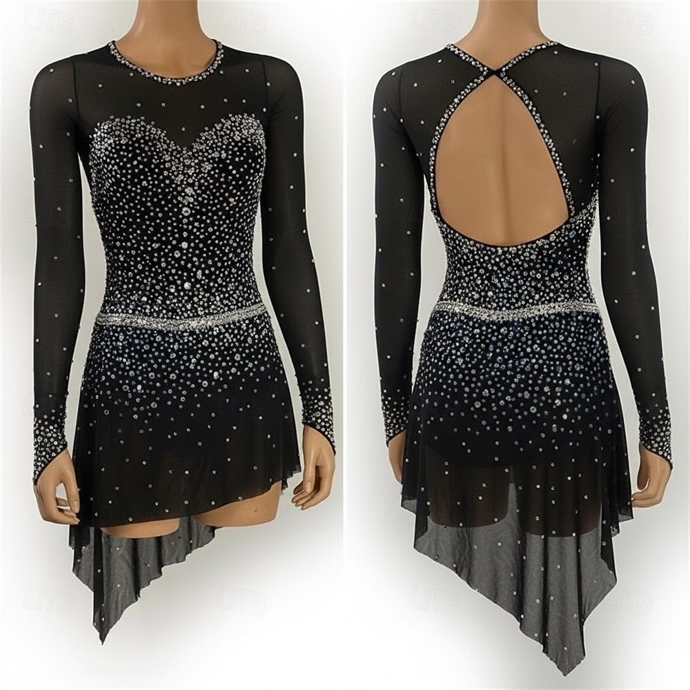Rochie de Patinaj Artistic Pentru femei Πατινάζ στο πάγο Rochii Negru Peteci Mâneci cu Gaura Înaltă Elasticitate Antrenament Competiție Ținută Patinaj Clasic Cristale / Strasuri Manșon Lung Patinaj 2026 - $253.59 –P1
