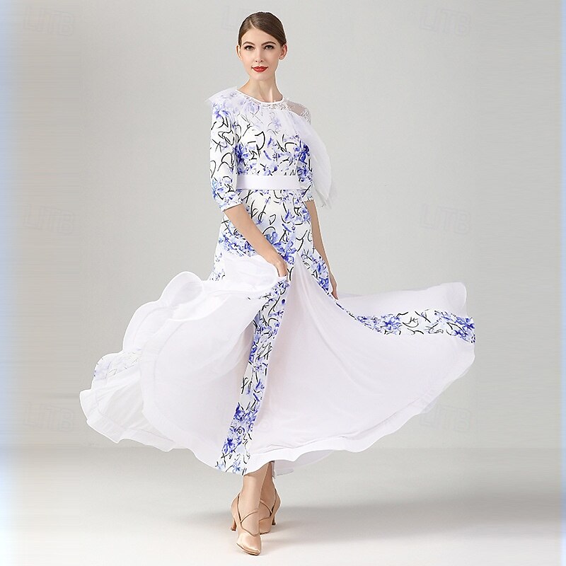 Women's Blue and White Floral Ballroom Dance Dress Asymmetrical Mesh Ruffle Shoulder 3/4 Sleeve Waltz Gown Modern Standard Competition Outfit 2026 - $149.99 –P1