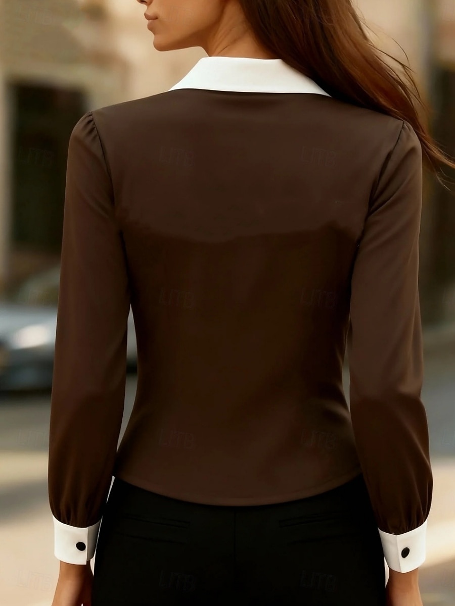 Жен. Блуза Пэчворк Пуговицы Контрастных цветов Элегантный стиль Стиль Классика Длинный рукав Рубашечный воротник Обычные топы Повседневные Офис Черный Белый Коричневый Хаки Весна Осень 2026 - $27.99 –P8