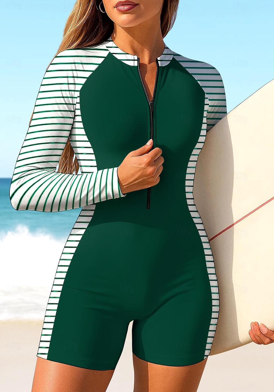 Mulheres Anti Atrito Maiô de surfe de uma peça Roupa de banho Geométrica Riscas Bloqueio de cores Zip Up Com sutiã embutido Bojo Removível Proteção Solar UV UPF50+ Ultra Leve (UL) Manga Longa Roupa de 2026 por $35.99 –P7