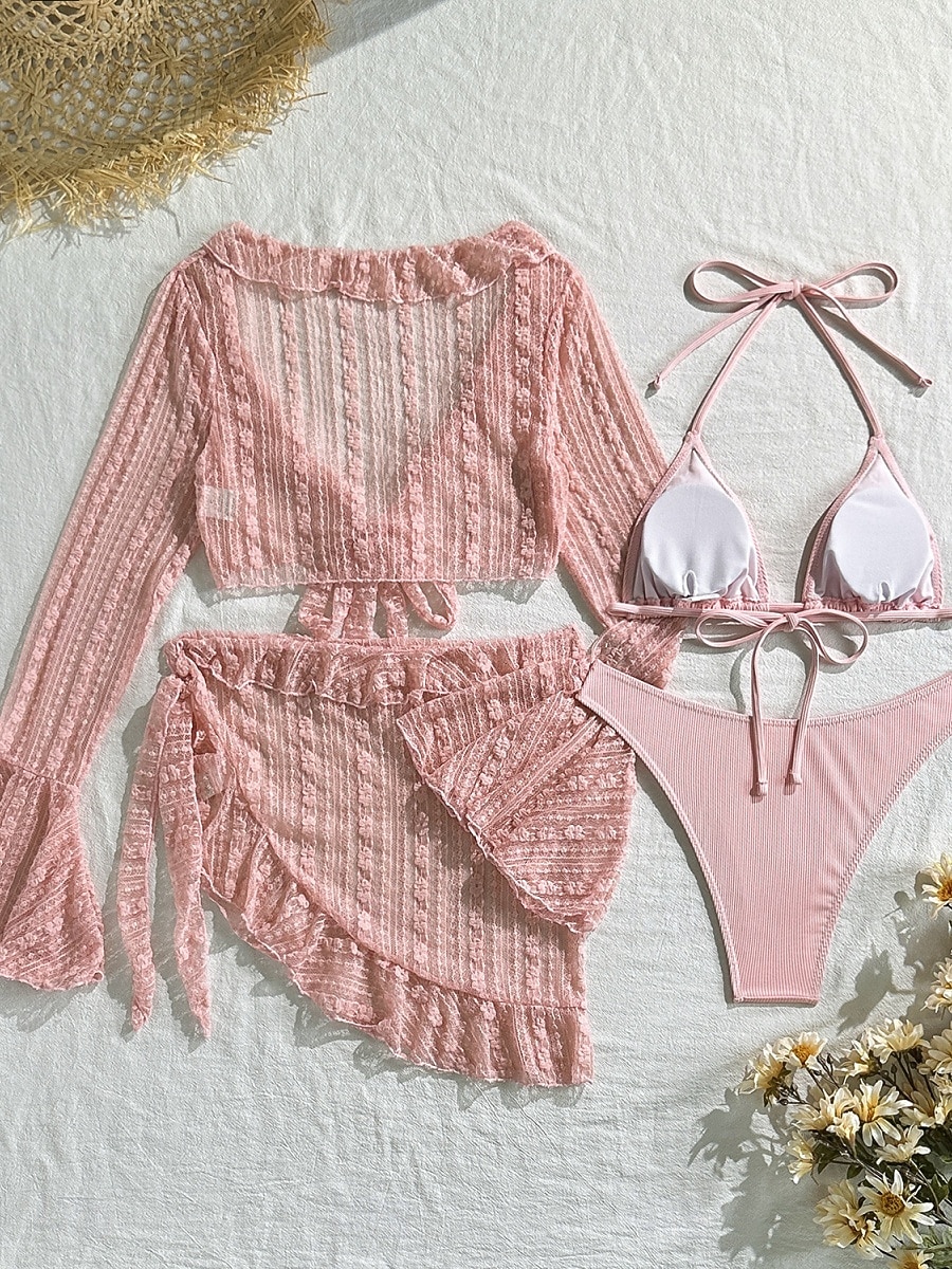 Women's Swimwear Bikini Three Piece Cheeky Swimsuit Slim Backless Vacation Beach Wear Solid Color Halter Neck Sleeveless Long Sleeve Bathing Suits 2026 - $33.99 –P8
