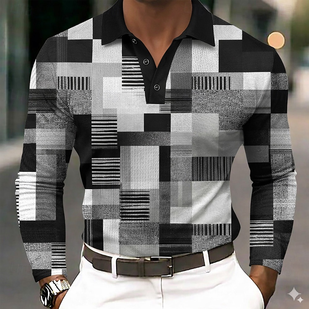 Men's Color Block Geometic Waffle Polo Shirts Long Sleeve Polo Shirts Collared Shirts Business Casual Business Wear to work Daily Wear Buttons Spring Fall Blue Black Navy Blue 2026 - $28.99 –P1