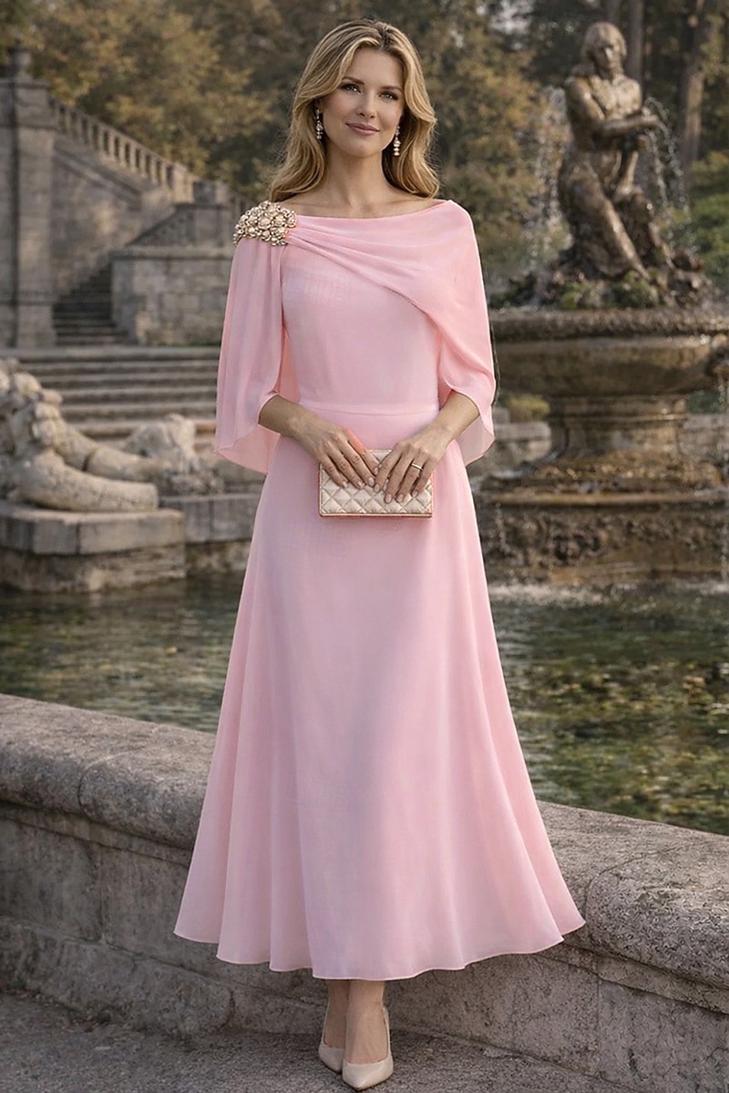 Linha A Até o Tornozelo Vestido de convidada de casamento Vestido formal Vestido de noite Vestido Para Mãe dos Noivos Sem Manga Meia Manga Decote Canoa Elegante Vintage Formal Chiffon com Detalhes em de 2026 por $148.99 –P4