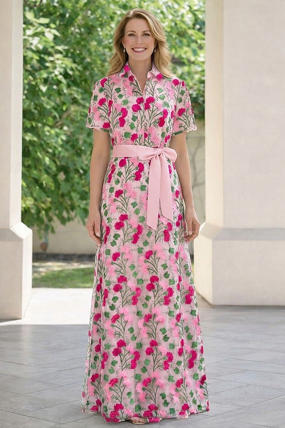 Linea ad A Lunghezza al pavimento Abito da invitata a nozze Abito da cerimonia per signora Manica Corta Colletto a Camicia Elegante Formale Derby del Kentucky Semi-Formale Pizzo con Ricamo del 2026 a $182.99 –P4