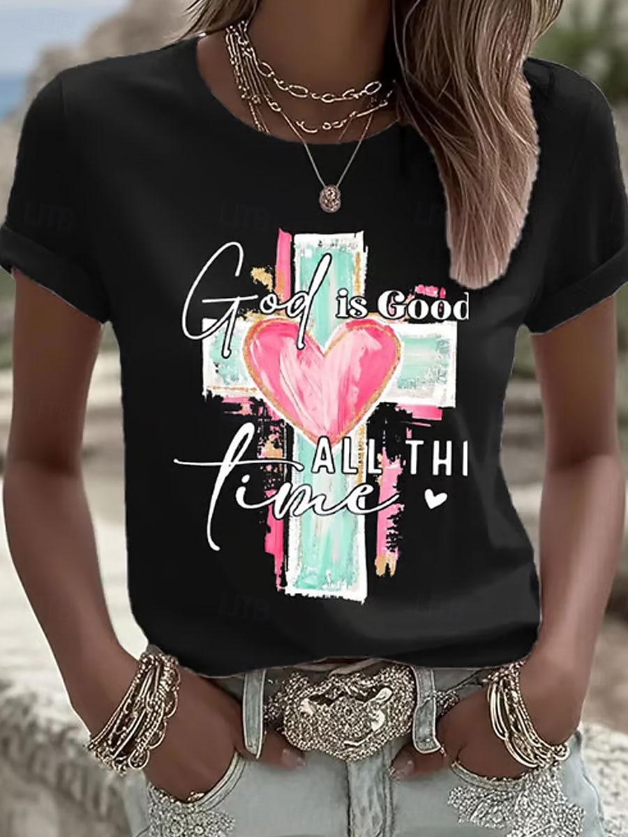 Damen T Shirt Druck Grafik Buchstabe Vintage Stilvoll Klassisch Kurzarm Rundhalsausschnitt Normale Oberteile Täglich Blau Schwarz Weiß Rosa Sommer Frühling 2026 - $22.99 –P2