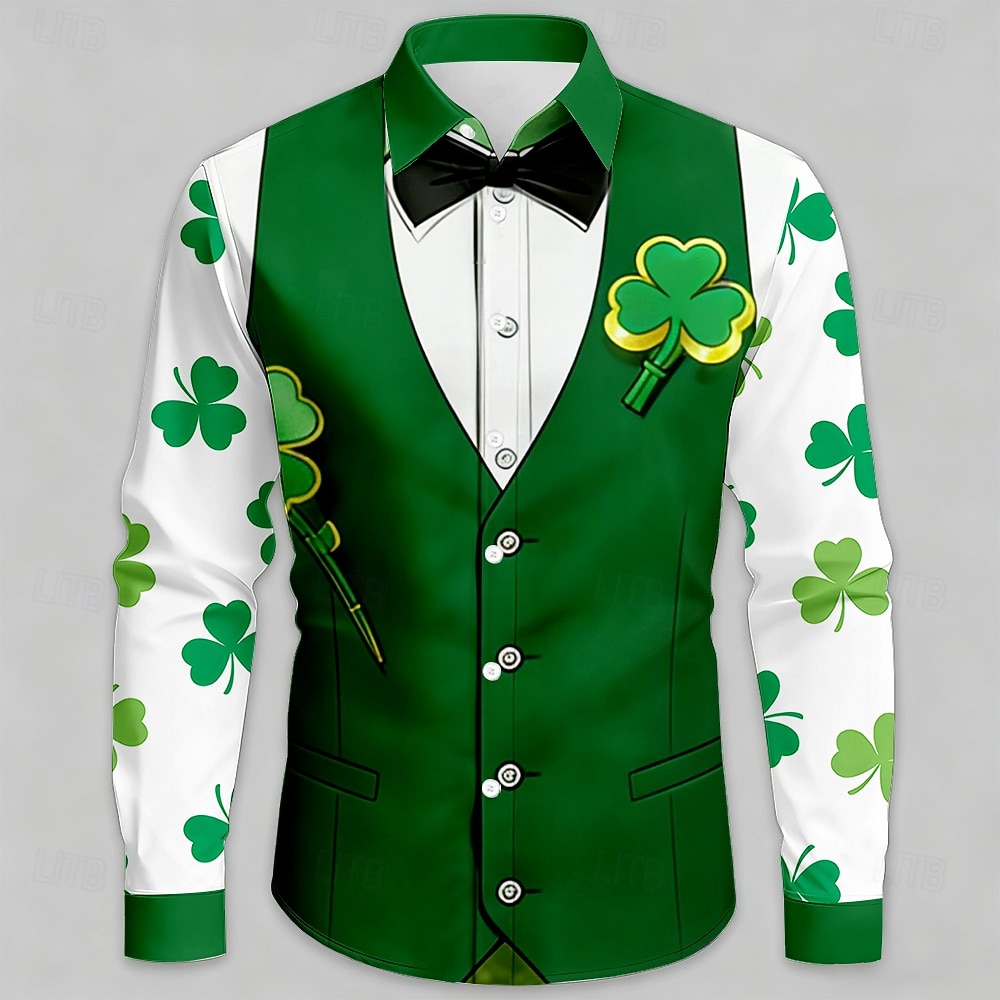 St. Patrick's Day Men's Shamrock Faux Collar and Suit Design Faux Tie Print Shirt Button Up Shirt Long Sleeve Vintage Retro Party Holiday Spring Fall Turndown 3D Print Collared Shirts Green 2026 - $25.99 –P1