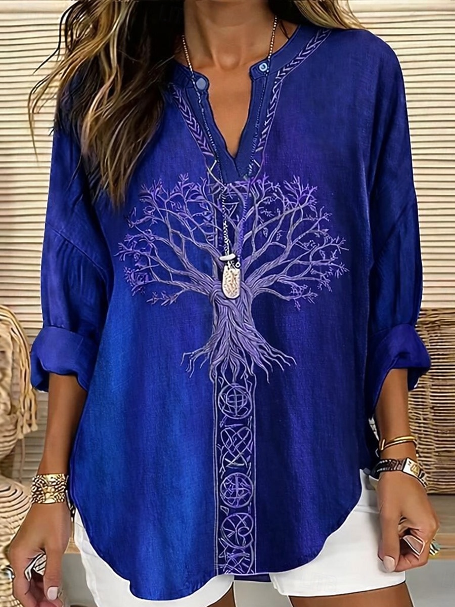 Damen Bluse Gerafft Bestickt Druck Ombre Grafik Geometrisch Vintage Tropisch Hawaiianisch Langarm V Ausschnitt Lange Oberteile Täglich Ferien Urlaubskleidung Blau Weiß Beige Sommer Frühling 2026 - $32.99 –P1