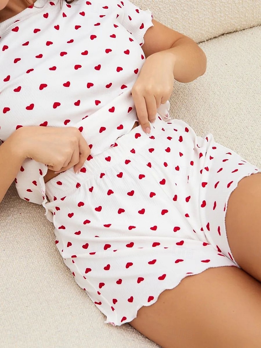Dames Pyjamaset Casual Comfortabel Hart Elastische taille Korte broek Dagelijks Huis Korte mouw Strakke ronde hals Wit Blozend Roze Rood Bruin Zomer Lente Normale pasvorm 2026 - $14.99 –P15