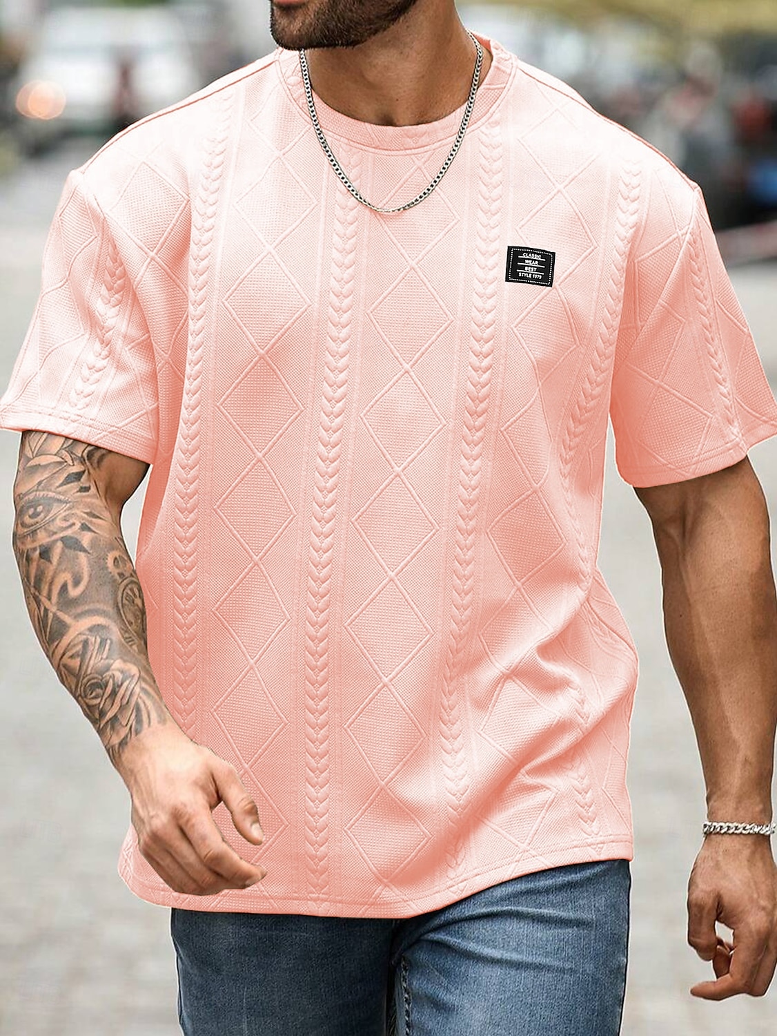 Herren T Shirt T-Shirt Kurzarm Rundhalsausschnitt Sommer Frühling Frühling & Sommer Einfarbig Geometrisch Texture Streetwear Stilvoll Lässig Jacquard Lässig Täglich Outdoor Weiß Schwarz Rosa Top 2026 - $20.99 –P7