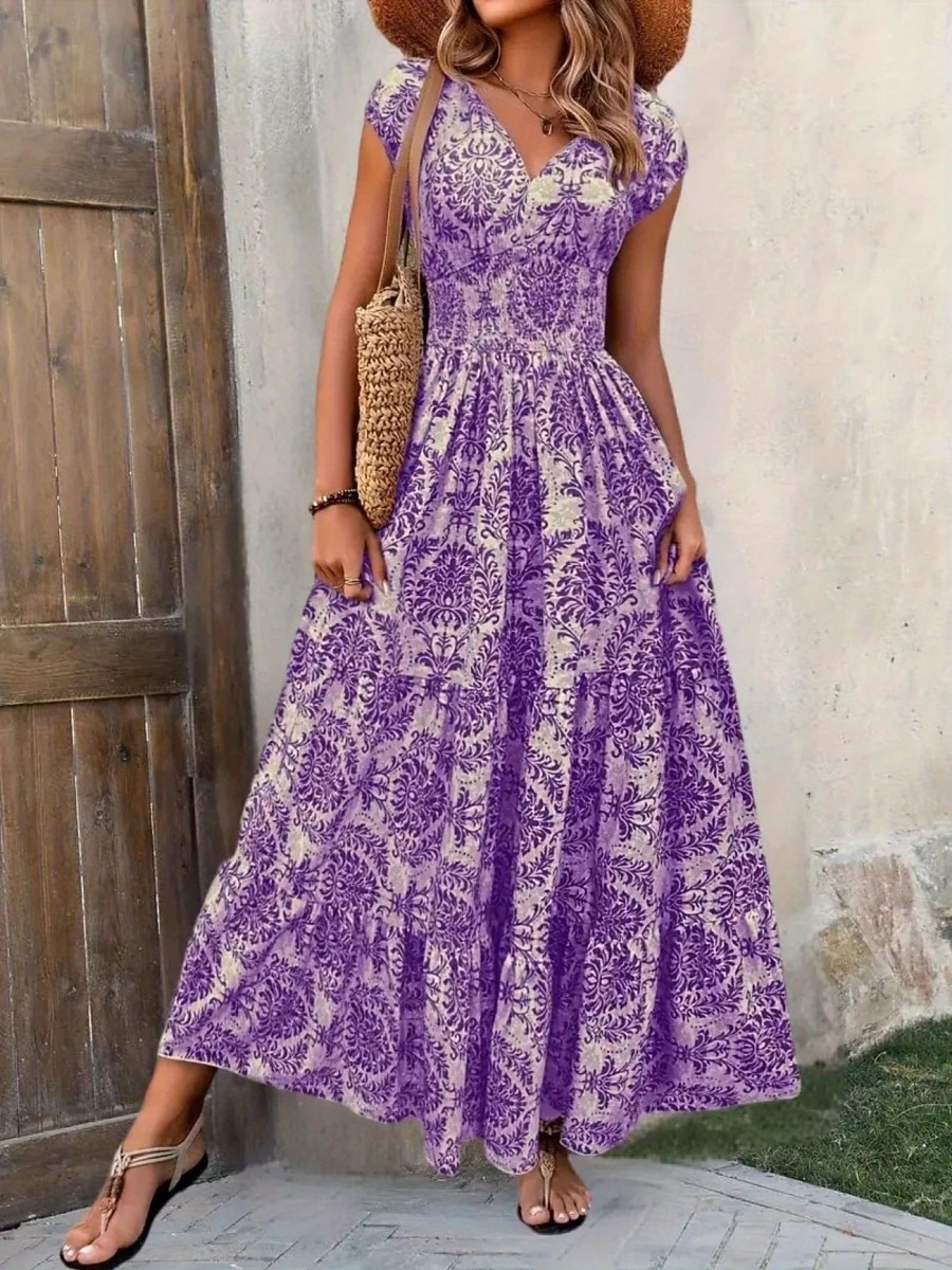 Per donna Abito lungo maxi Abito Lungo Maxi Abito Abito da Spiaggia Abito Floreale Abito Boho Elegante Moda Moderno Quotidiano All'aperto Vacanza Vestibilità regolare Floreale Manica Corta Scollo a V del 2026 a $22.99 –P17