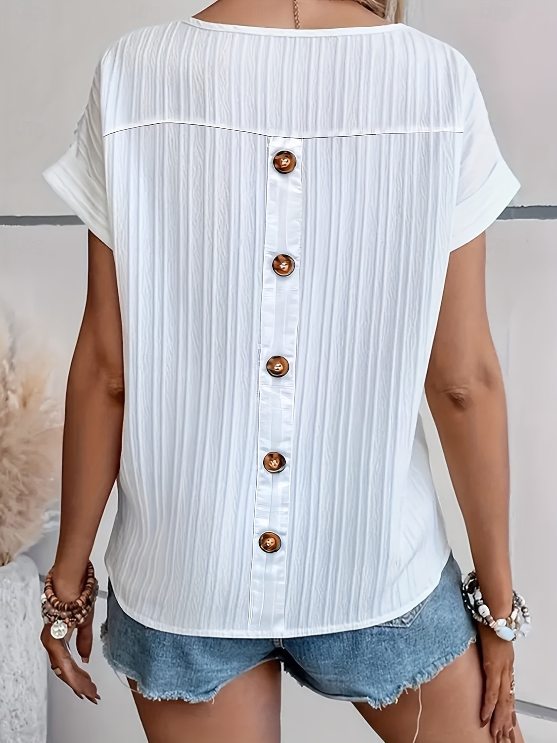 Mujer Camiseta Botones Estriado Color sólido A Rayas Elegante Casual Manga Corta Cuello Barco Escote Redondo Tops regulares Diario Noche Blanco Verano Primavera 2026 - $21.99 –P2