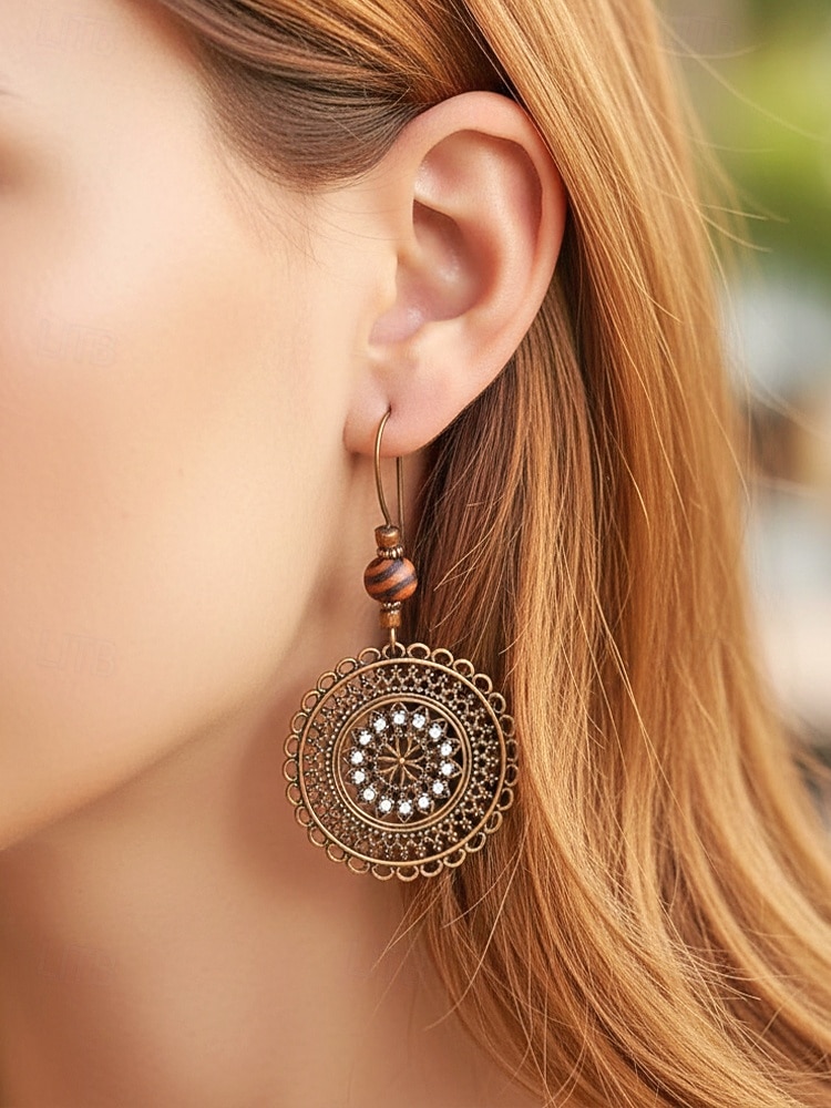 Női ötvözetből és fából készült kerek fülbevalók, vintage bohém mandala dizájn, könnyed, mutatós stílus, tökéletesek hétköznapi viseletre, tengerparti nyaraláshoz és nyári szettekhez 2026 - $7.99 –P3