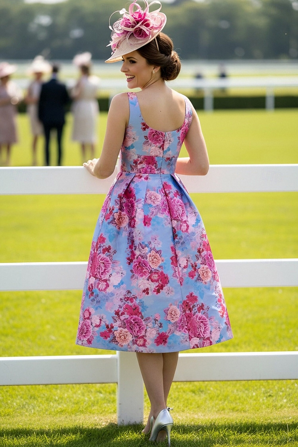 Corte A Vestido Midi Vestido Cóctel Vestido Invitada Boda Vestido Derby Vestido de Madrina Sin Mangas Camiseta con cuello redondo Elegante Invitado a la boda El derby de Kentucky Satén con Impresión 2026 - $172.99 –P3