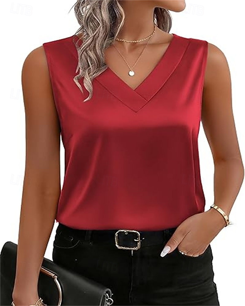 Damen Elegant Satin-Top T Shirt Seiden-Oberteile Patchwork Einfarbig Elegant Vintage Mode Ärmellos V Ausschnitt Normale Oberteile Täglich Ausgehen Wochenende Blau Silber Weiß Rote Purpur Sommer 2026 - $12.99 –P4