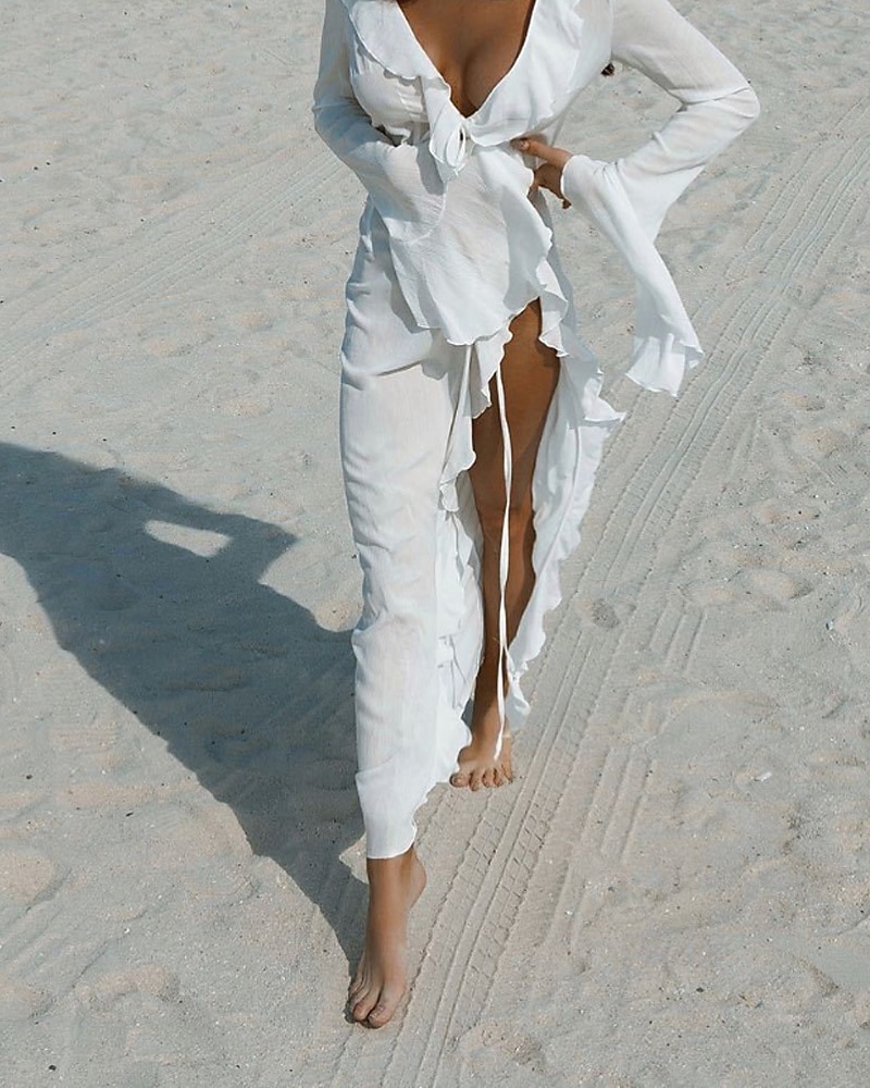 Dámské Plavky Přehozy Plavky Volány prázdniny Oblečení na pláž Bez vzoru Do V Dlouhý rukáv Plavky 2026 - $36.99 –P4