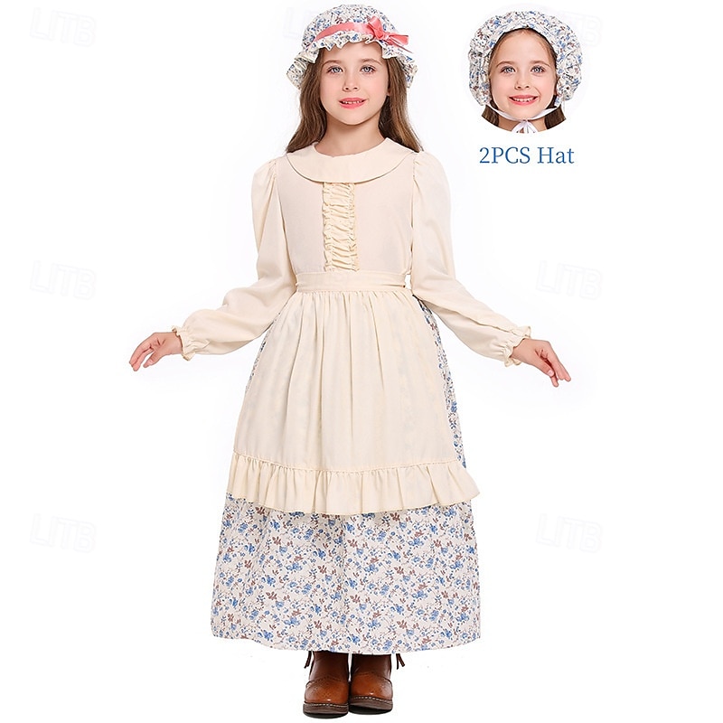 250º Aniversario de EE. UU. Siglo 19 década de 1800 Vestido de la pradera Conjunto de gorro y delantal Larga Chica pionera Colonial Pionero Guerra Revolucionaria Estampado Floral Disfraz Chica 2026 - $39.99 –P2