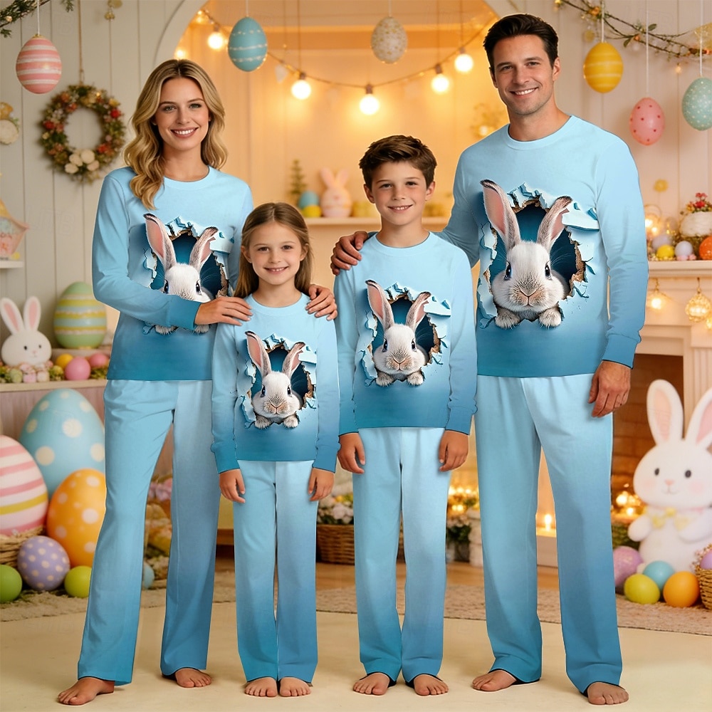 Family Easter Pajamas Graphic Bunny Casual Print Blue Black White Long Sleeve Vacation Matching Outfits 2026 - $23.99 –P4