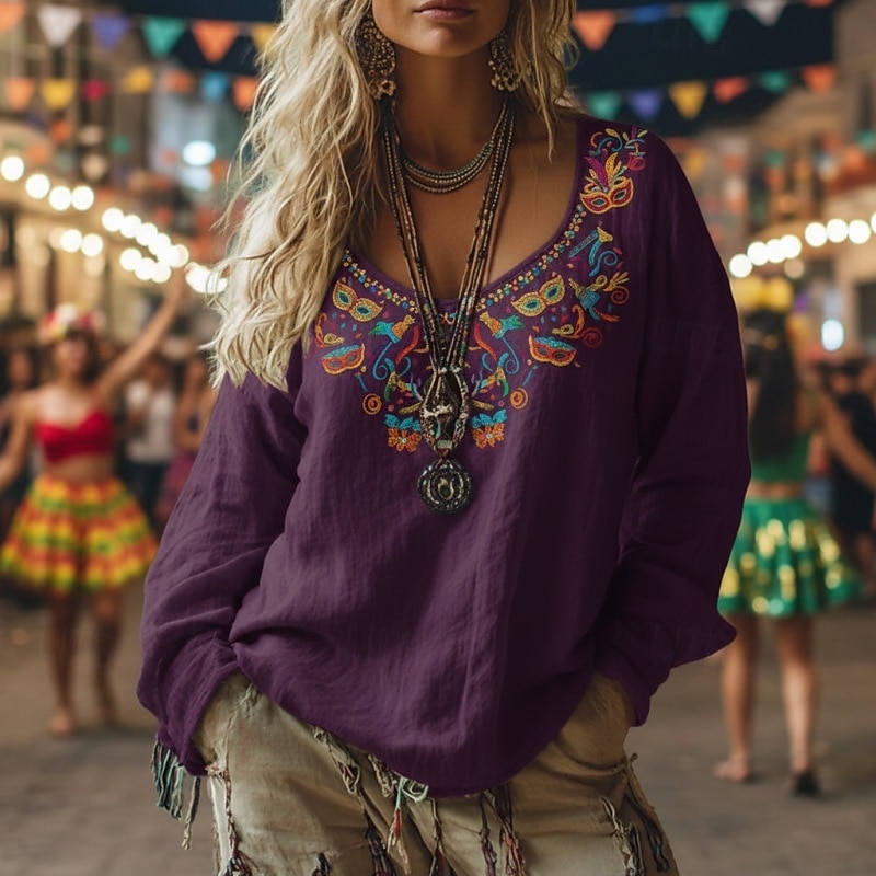 Carnaval Mardi Gras Mujer Camiseta bohemia Camiseta Camiseta superior Estampado Graphic Vintage Étnico Casual Manga Larga Escote en Pico Tops regulares Diario Fin de semana Ropa de vacaciones Lavanda 2026 - $25.99 –P2