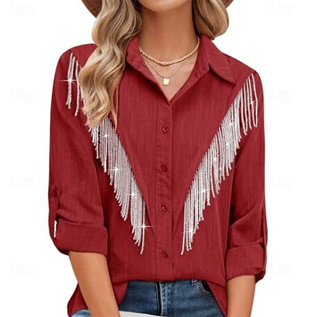 Damen Kleidhemd Knopfhemd Bluse Glitzer Knöpfe Strass Elegant Stilvoll Klassisch Langarm Umlegekragen Normale Oberteile Täglich Ferien Ausgehen Blau Schwarz Hellgrün Rosa Wein Sommer Frühling 2026 - $26.99 –P6