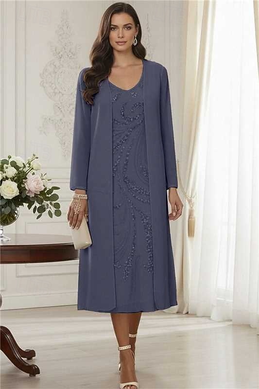 Dvoudílné A-Linie K lýtkům Korálkový výšivkový Šaty pro svatební hosty Formální šaty Šaty pro matku nevěsty Bez rukávů Do V Elegantní Formální Svatební host Šifón Krajka Sako šaty s Korálky Flitry 2026 - kr.1955 –P11