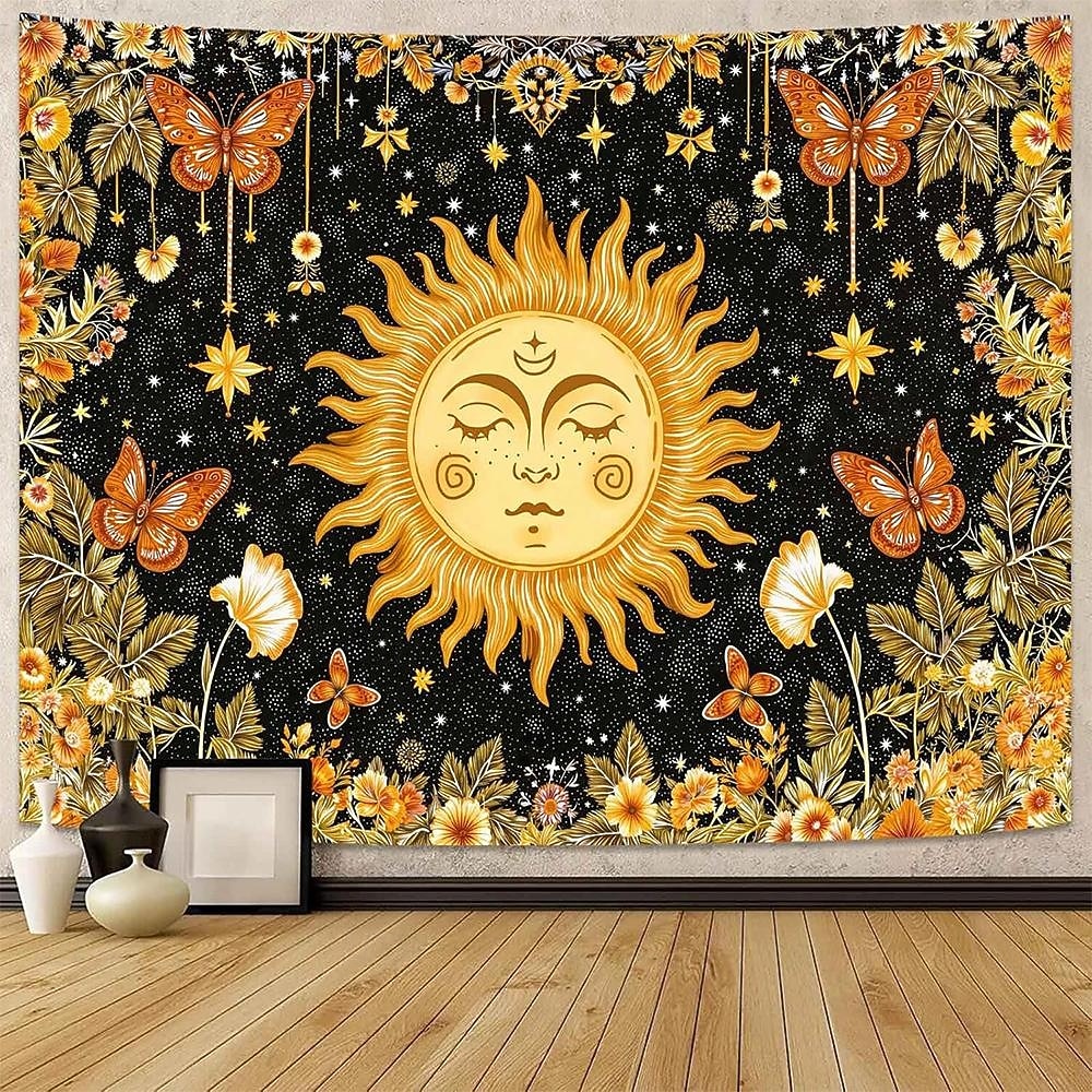Tapiserie de perete cu soare, agățat, boho ceresc, fluture, stele, flori, cameră de yoga, decor de meditație, artă spirituală zen, poster din material textil pentru sufragerie 2026 - $20.99 –P1