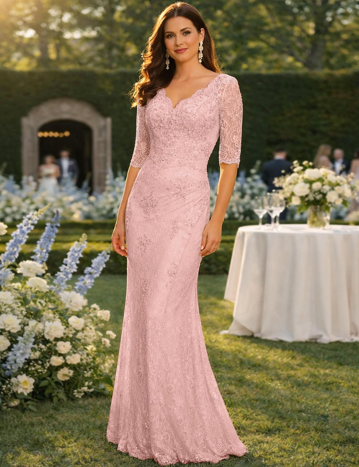 Sirène Trompette Longueur au sol Robe d'invité de mariage Robe de Cérémonie Robe de soirée Robe de Mère de Mariée  Demi Manches Col en V Grande taille Sexy robe demoiselle d honneur Chiffon Dentelle de 2026 ? $229.99 –P8