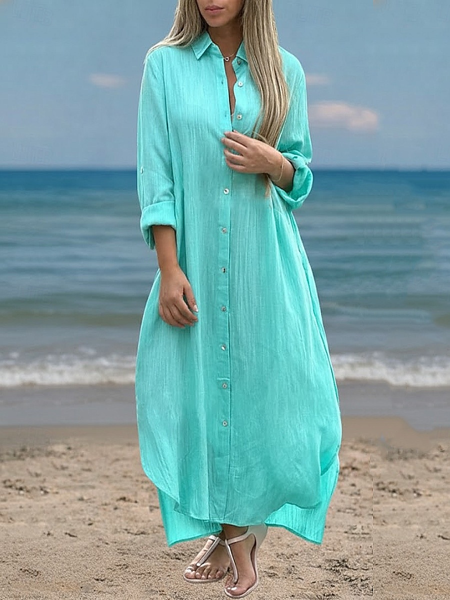 שמלת מקסי לנשים מכותנה ופשתן שמלת שינוי קזואלית יומית רחבה פשוטה עם שרוולים ארוכים צווארון כחול שחור לבן ירוק בהיר קיץ אביב סתיו 2026 - $41.99 –P14