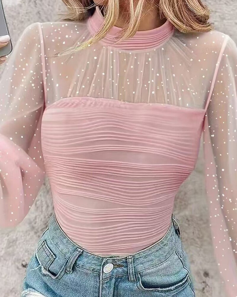 Γυναικεία Πουκάμισο Μπλούζα Κουρελού Δίχτυ Σκέτο Κομψό Στυλάτο Μακρυμάνικο Ζιβάγκο Κανονικά μπλουζάκια Καθημερινά Αργίες Εξόδου Μαύρο Λευκό Ανθισμένο Ροζ Καλοκαίρι Άνοιξη 2026 - $26.99 –P2