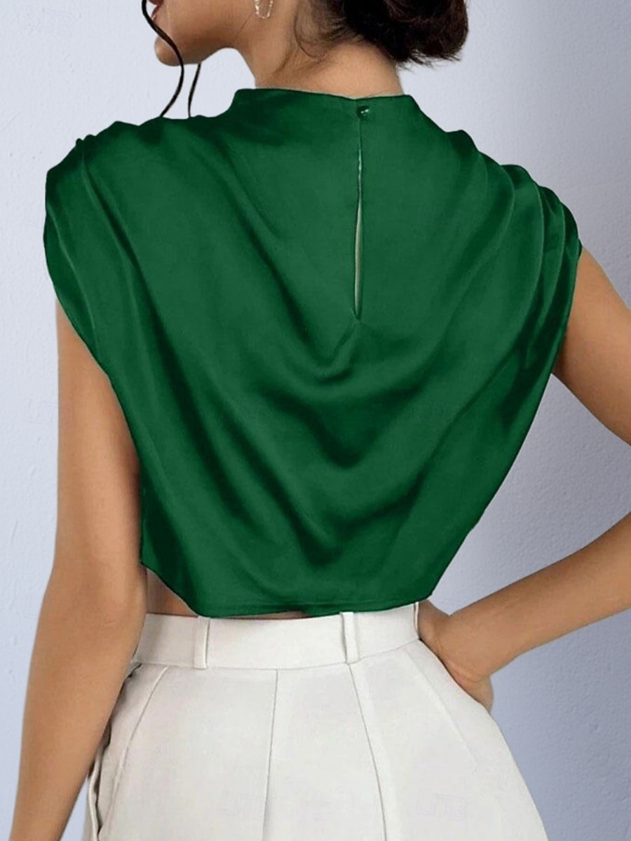 Damen Hemd Satinhemd Bluse Wickel-Crop-Top Gerafft Einfach Vintage Stilvoll Klassisch Kurzarm Hoher Ausschnitt Crop Tops Täglich Ferien Ausgehen Schwarz Weiß Marineblau Braun Grün Frühling Herbst 2026 - $22.99 –P4